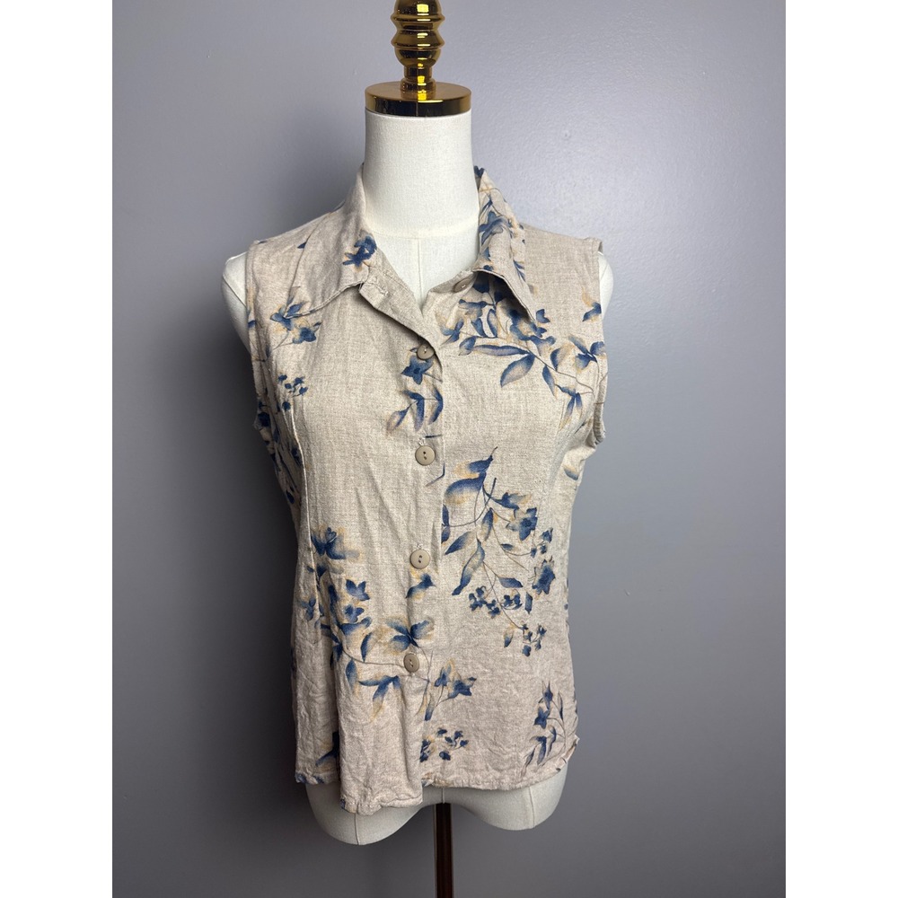 TR Bentley Sleeveless Blouse Women Medium Beige Blue Excellent Floral Linen Mix
